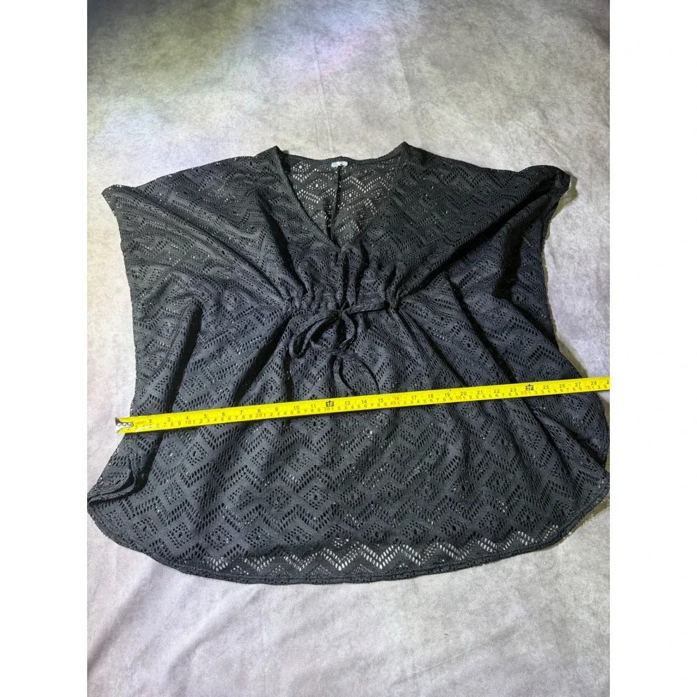 Black Crochet Knit Swim Cover Up Kaftan Drawstring Waist Geometric Diamond Sheer